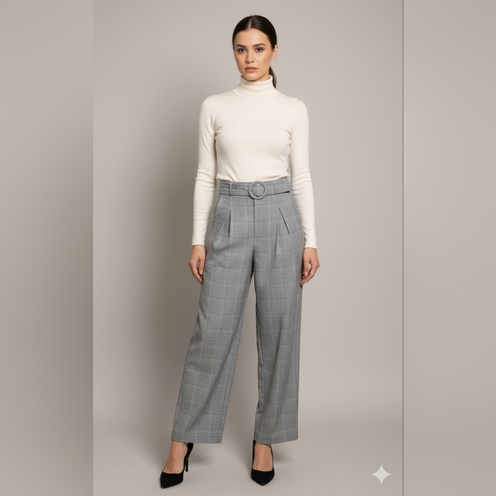 Fashion Nova Women's Light Gray Plaid Ankle Formal Pants w/ Matching Belt Sz Med